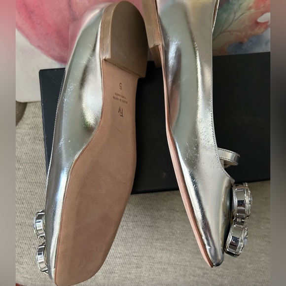 New Frances Valentine Shoes Silver Rhinestones Metallic Flats Leather Josephine - Picture 5 of 9